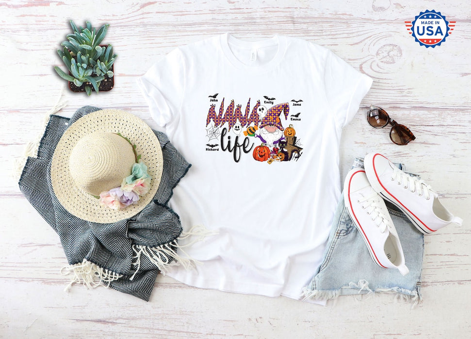 Personalized T-Shirt For Grandma Nana Life Cute Gnome With Pumpkin Black Cat Custom Grandkids Name Halloween Shirt