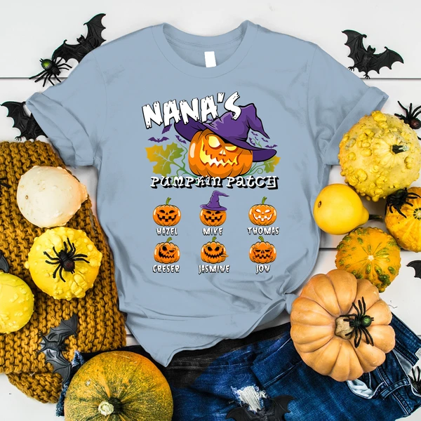 Personalized T-Shirt For Grandma Nana's Pumpkin Patch Scary Pumpkin Witch Hat Custom Grandkids Name Halloween Shirt