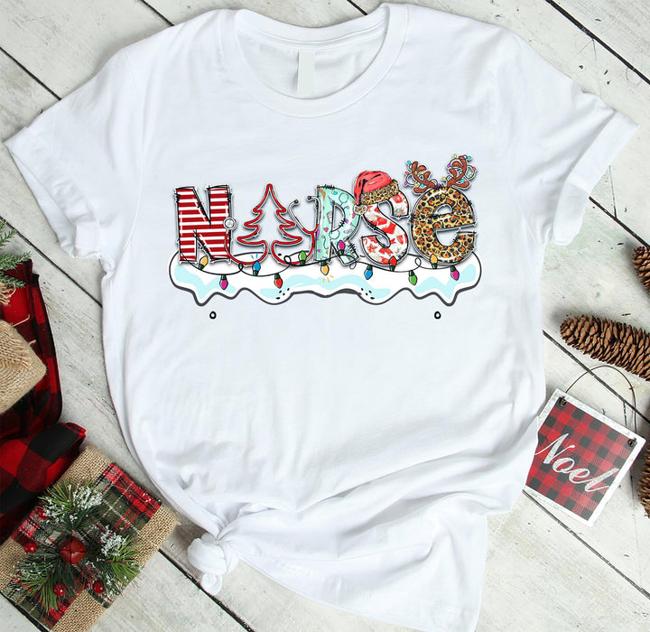 Classic Christmas T-Shirt For Nurse Melting Snow With Xmas Tree Reindeer Horn Santa Hat Printed Colorful Design