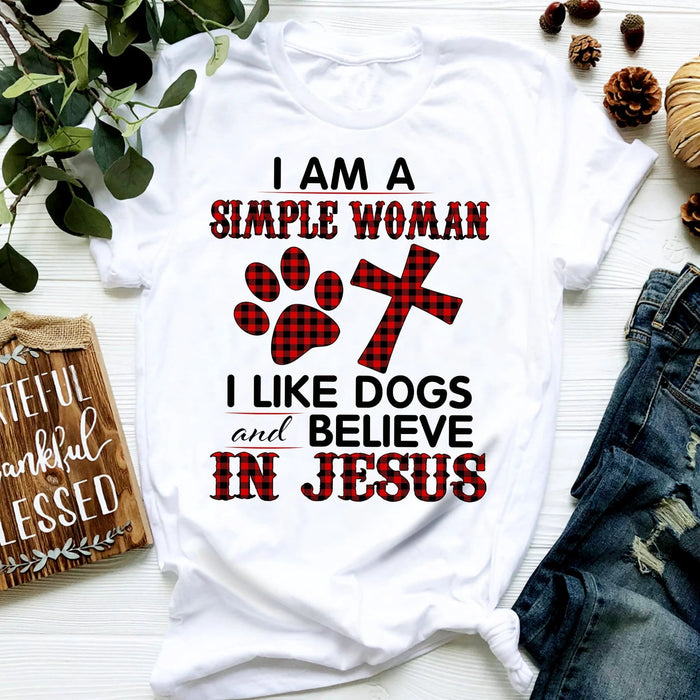 Classic T-Shirt For Dog Lovers I'm A Simple Women I Like Dogs And Believe In Jesus Red Black Buffalo Plaid Design