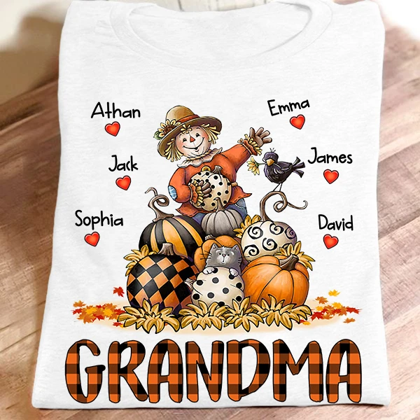 Personalized T-Shirt For Grandma Scarecrow With Pumpkin Plaid Stripe Polka Dot Design Custom Grandkid's Name Fall Shirt