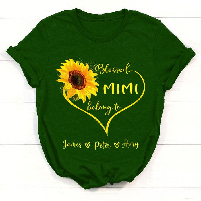 Personalized T-Shirt For Grandma Blessed Mimi Belong To Custom Grandkids Name Sunflower Heart Printed