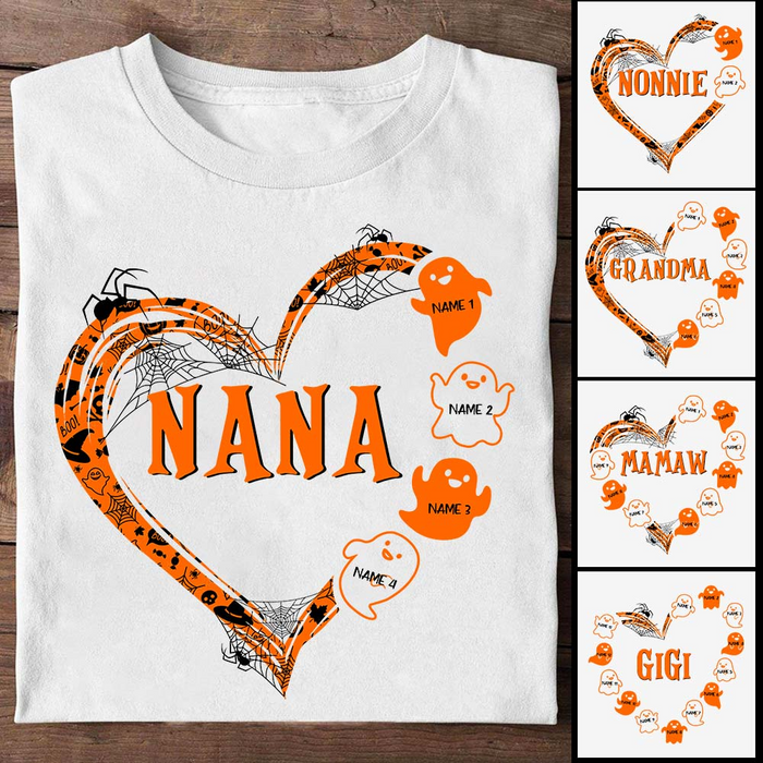 Personalized T-Shirt For Grandma Nana Heart Cute Ghost Witch Hat Spider Printed Custom Grandkids Name Halloween Shirt
