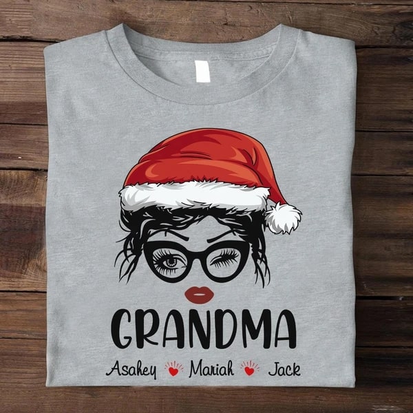 Personalized Santa Grandma T-shirt Custom Grandkids Name Tee Graphic Funny Xmas Nana Shirt Classic For Winter Holiday