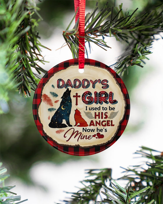 Circle Memorial Ornament For Dad In Heaven Daddy's Girl I Used To Be His Angle Now He's Mine Wolf Printed Plaid Design