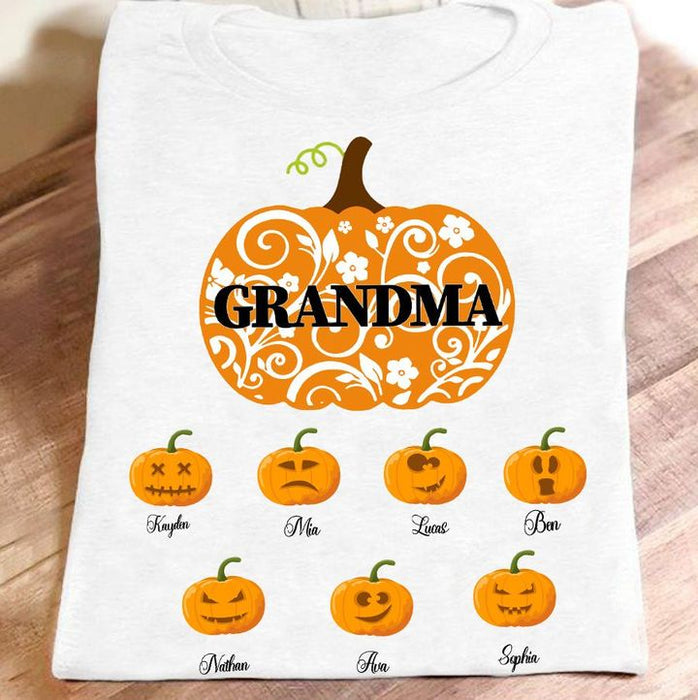 Personalized T-Shirt For Grandma Floral Pumpkin With Cute Emotion Printed Custom Grandkids Name Shirt For Halloween