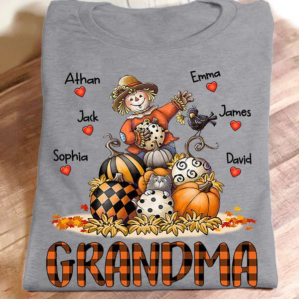 Personalized T-Shirt For Grandma Scarecrow With Pumpkin Plaid Stripe Polka Dot Design Custom Grandkid's Name Fall Shirt