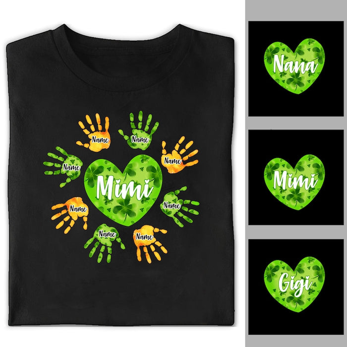 Personalized T-Shirt For Grandma Mimi Shamrock Heart & Handprint Custom Grandkids Name Shirt For Patrick'S Day