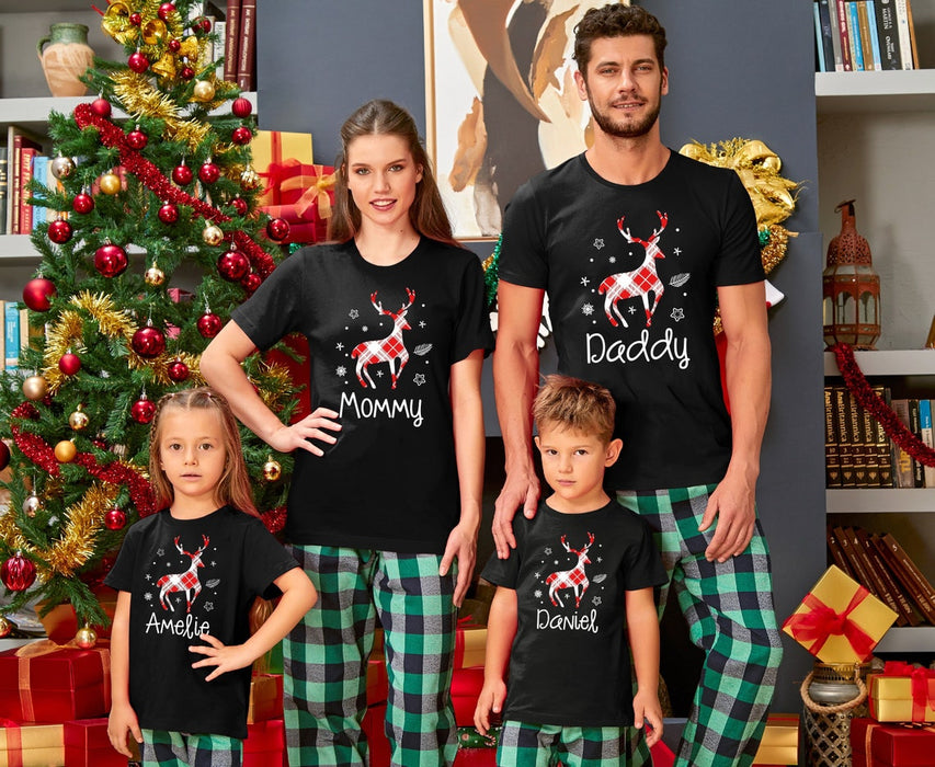 Personalized Matching Shirt For Family Cute Reindeer Printed Buffalo Plaid Design Custom Name Or Title Christmas T-Shirt
