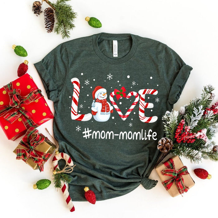 Personalized T-Shirt For Mother Love Hashtag Mom Life Christmas Design With Cute Snowman Snowflake Custom Hashtag