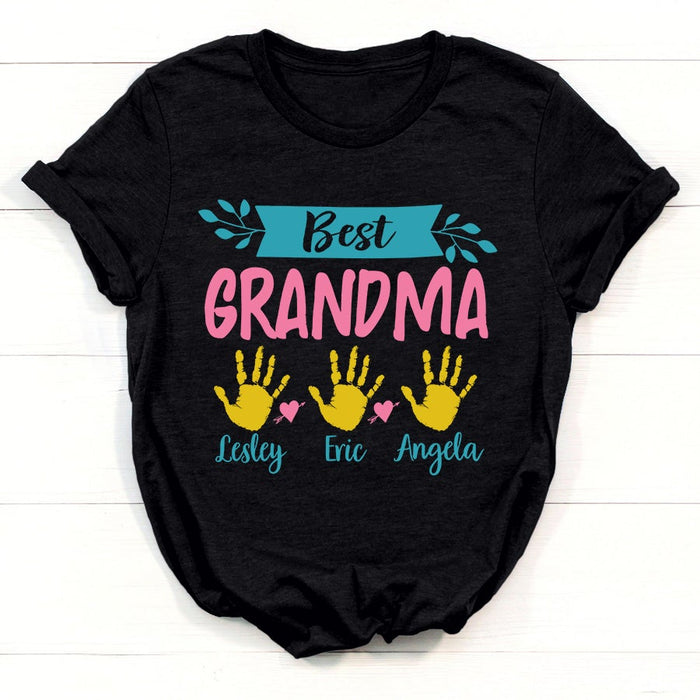 Personalized T-Shirt Best Grandma Cute Handprint & Heart Printed Custom Grandkids Name Shirt For Mother'S Day