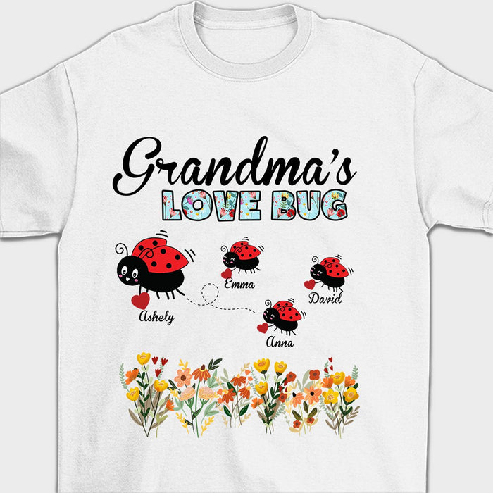 Personalized T-Shirt Grandma's Love Bug Flower And Cute Bugs Printed Custom Grandkids Name Floral Words Design