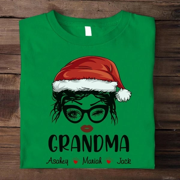 Personalized Santa Grandma T-shirt Custom Grandkids Name Tee Graphic Funny Xmas Nana Shirt Classic For Winter Holiday