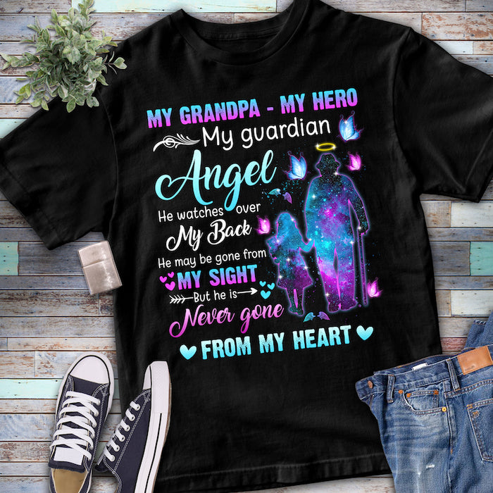 Classic Memorial T-Shirt My Grandpa My Hero My Guardian Angel Grandpa & Baby Girl Printed With Butterfly Shirt