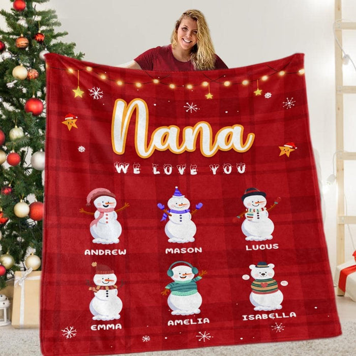 Personalized Blanket For Grandma Cute Snowmen Printed Custom Grandkids Name Christmas Red Buffalo Plaid Background