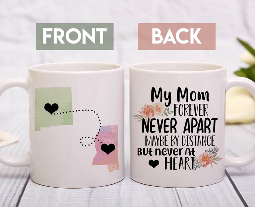 Personalized Coffee Mug For Mother Family Maybe By Distance But Never At Heart Custom Name White Cup Long Distance Gifts