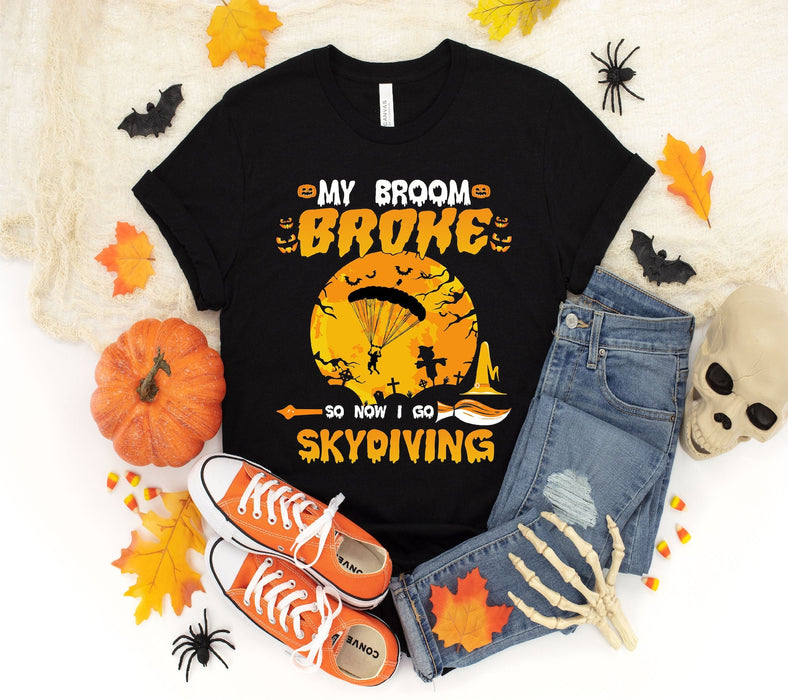 Classic Unisex T-Shirt For Skydiving Lovers My Broom Broke So Now I Do Skydiving Parachute With Grave Halloween Design