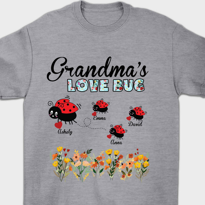 Personalized T-Shirt Grandma's Love Bug Flower And Cute Bugs Printed Custom Grandkids Name Floral Words Design