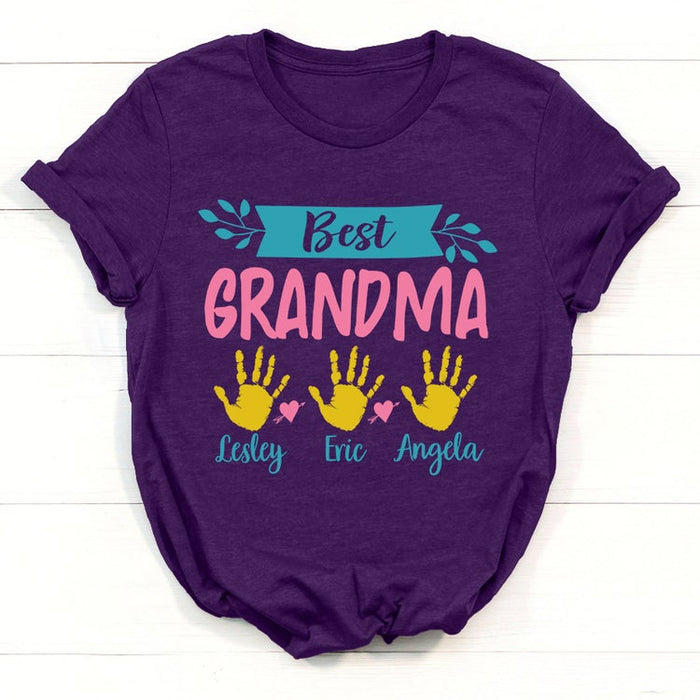 Personalized T-Shirt Best Grandma Cute Handprint & Heart Printed Custom Grandkids Name Shirt For Mother'S Day