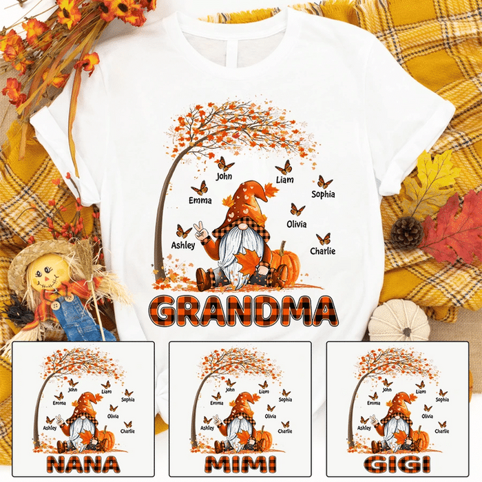 Personalized T-Shirt For Grandma Cute Gnome With Maple Tree Pumpkin Butterfly Printed Custom Grandkids Name Fall Shirt
