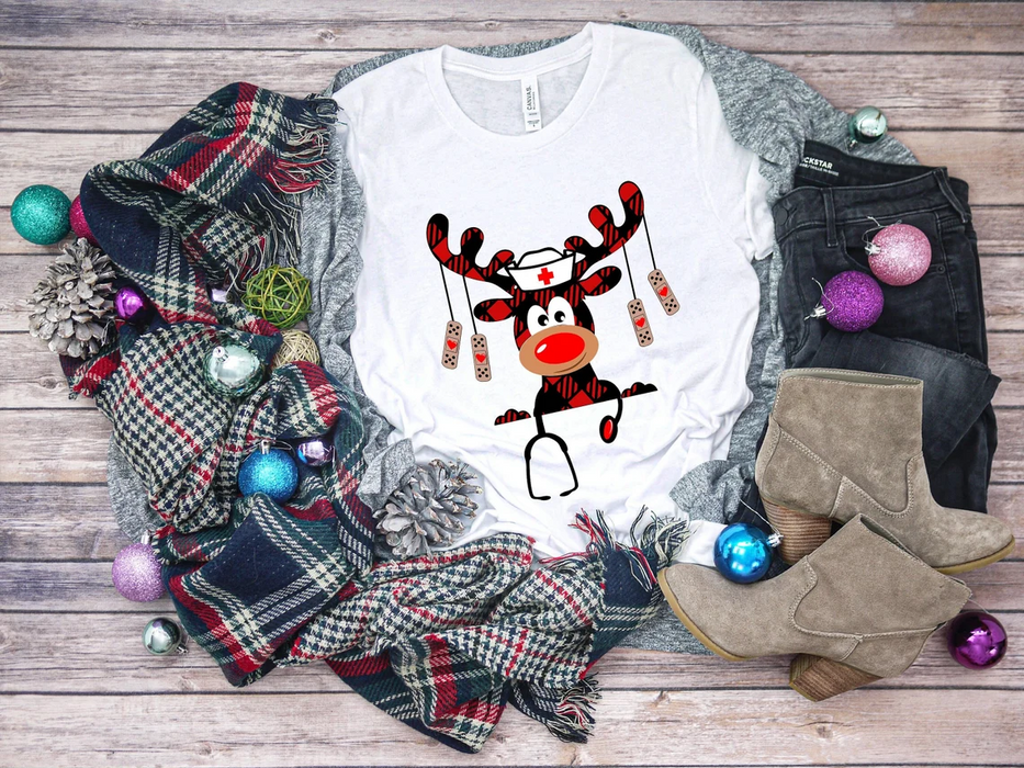 Nurse Christmas Shirt Buffalo Plaid Reindeer Tshirt For Nurse Appreciation Christmas Lights Band-aid Nurse Crew Tee