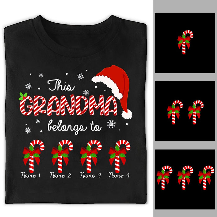 Personalized T-Shirt This Grandma Belongs To Christmas Candy Cane & Santa Hat Printed Custom Grandkids Name