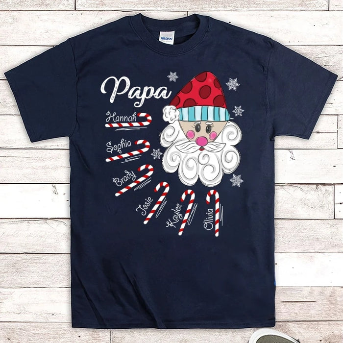 Personalized T-shirt For Grandpa Papa Santa Claus With Candy Cane Printed Christmas Design Custom Grandkids Name