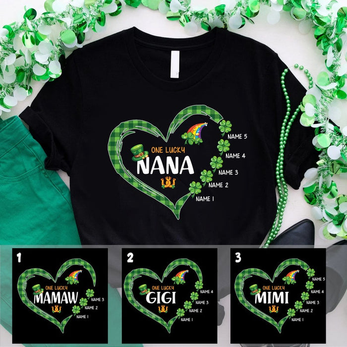 Personalized T-Shirt For Grandma Nana Cute Shamrock Heart Green Plaid Design Custom Grandkids Name