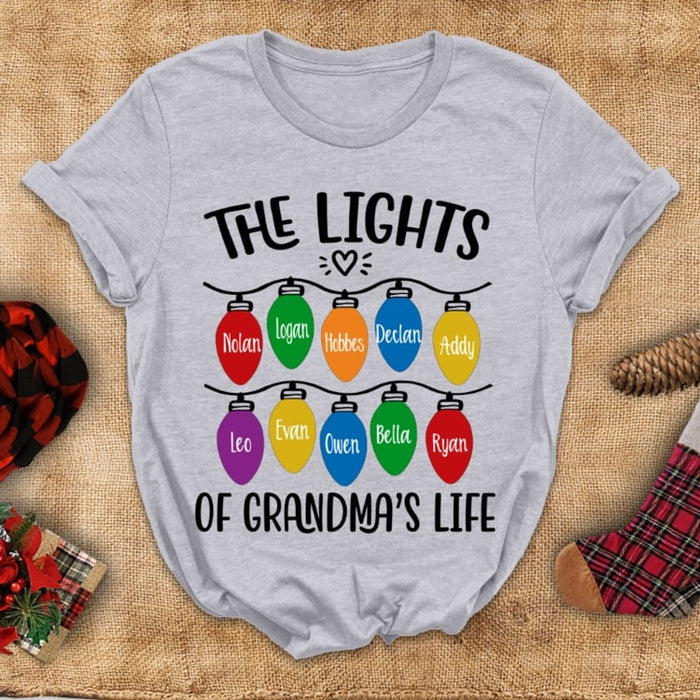 Personalized Christmas T-Shirt For Grandma The Lights Of Grandma's Lights Colorful Design Custom Grandkids Name