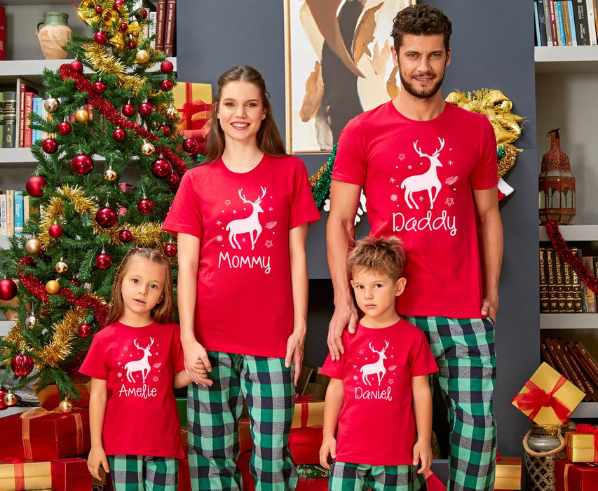 Personalized Matching Shirt For Family Cute Reindeer Printed Buffalo Plaid Design Custom Name Or Title Christmas T-Shirt