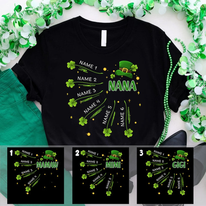 Personalized T-Shirt For Grandma Nana Leprechaun Hat & Cute Shamrock Printed Custom Grandkids Name