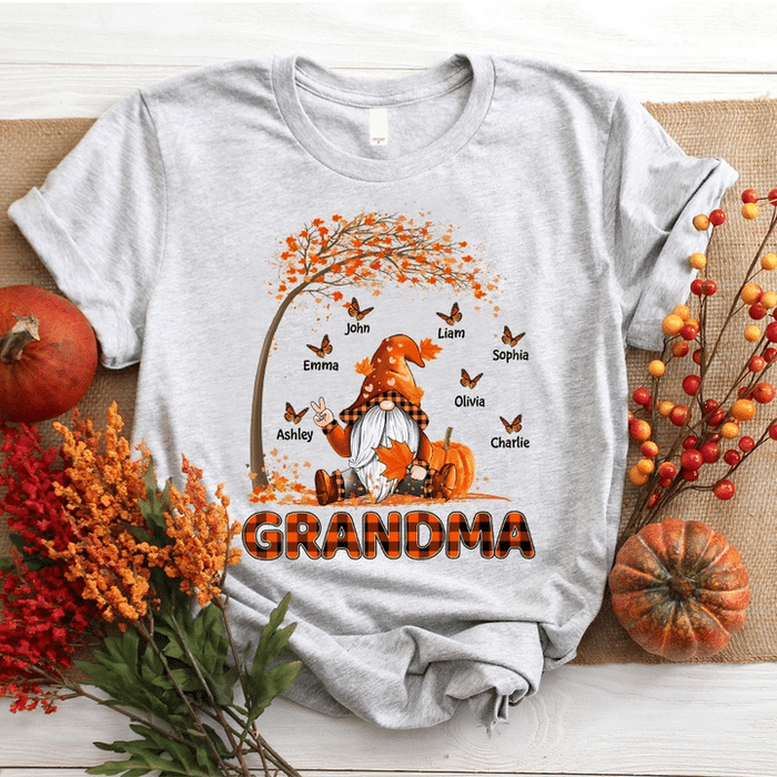 Personalized T-Shirt For Grandma Cute Gnome With Maple Tree Pumpkin Butterfly Printed Custom Grandkids Name Fall Shirt