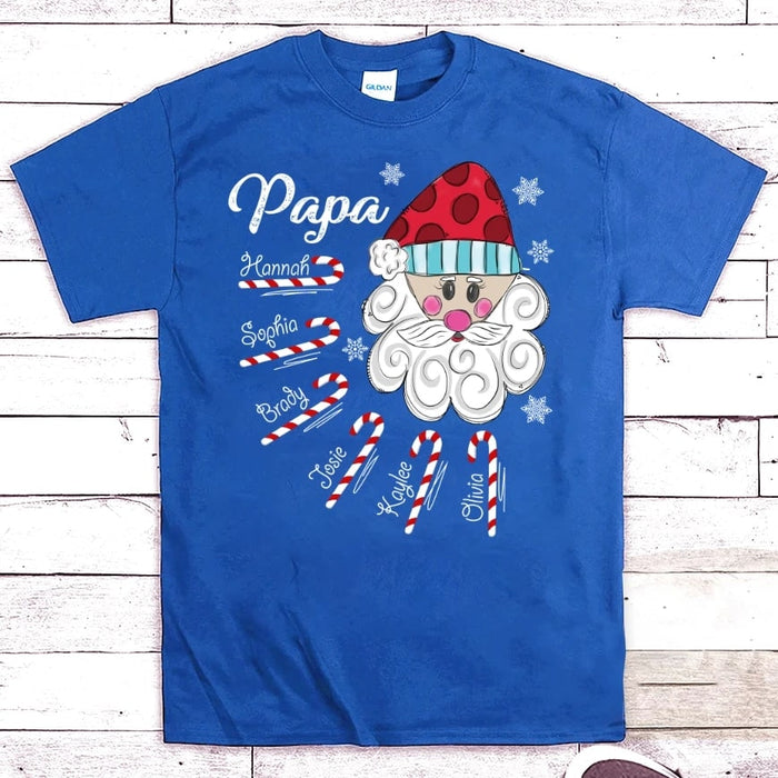 Personalized T-shirt For Grandpa Papa Santa Claus With Candy Cane Printed Christmas Design Custom Grandkids Name