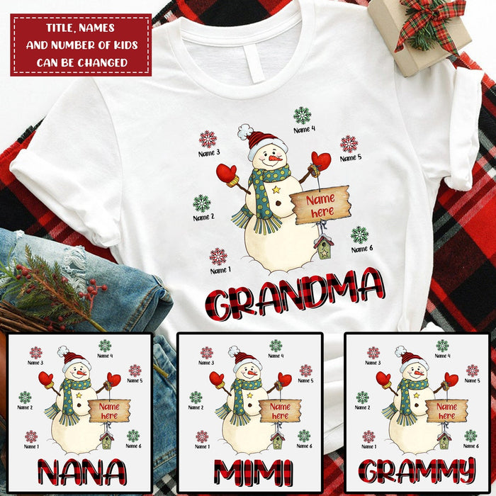 Personalized T-Shirt For Grandma Cute Snowman With Hat Scarf & Snowflakes Printed Custom Grandkids Name