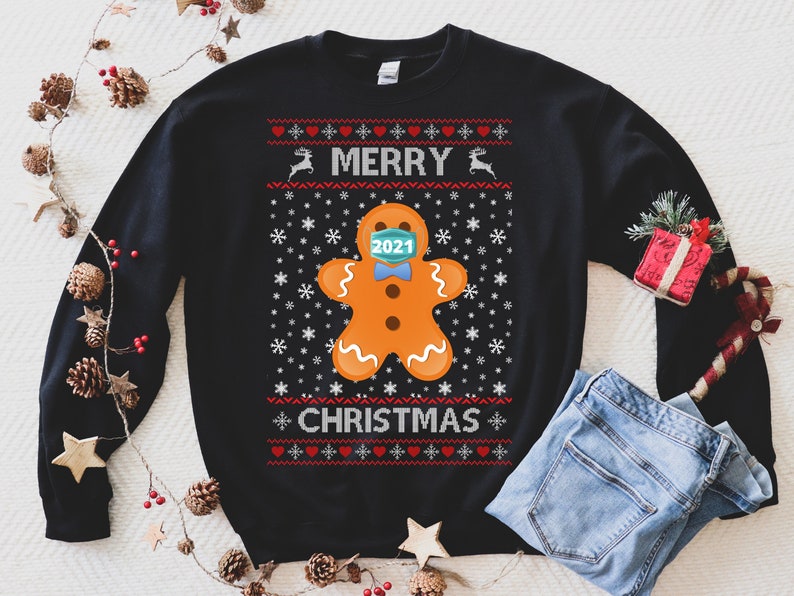 Personalized Sweatshirt For Men Women Merry Christmas 2021 Cute Cookie Wearing Face Mask Printed Ugly Sweater