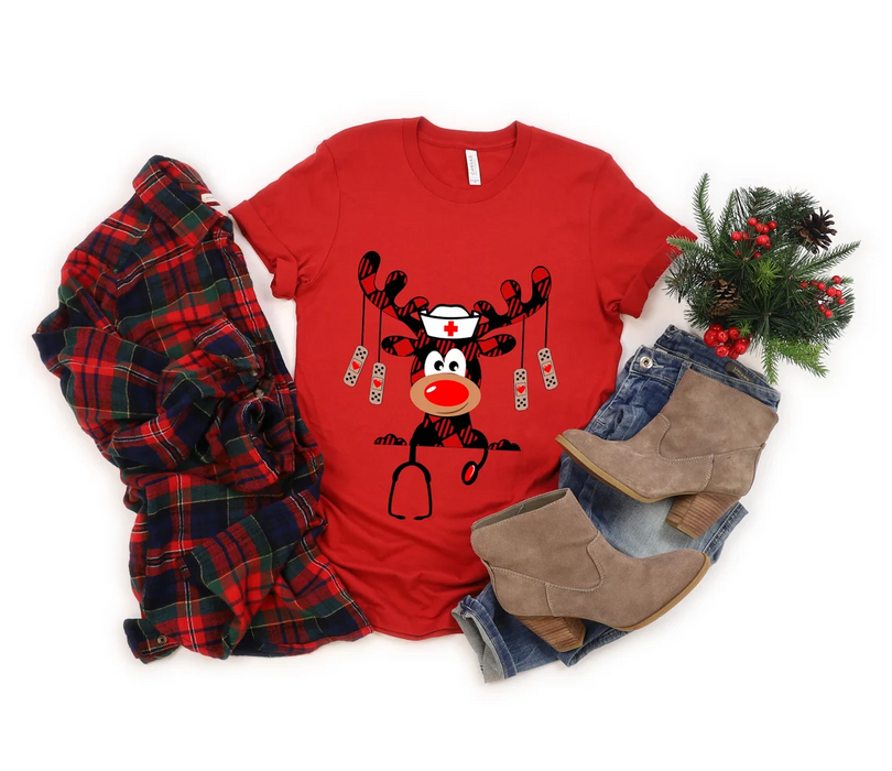 Nurse Christmas Shirt Buffalo Plaid Reindeer Tshirt For Nurse Appreciation Christmas Lights Band-aid Nurse Crew Tee