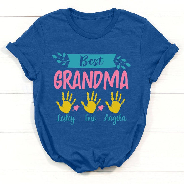 Personalized T-Shirt Best Grandma Cute Handprint & Heart Printed Custom Grandkids Name Shirt For Mother'S Day