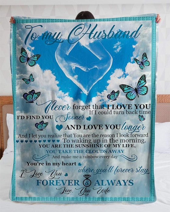 Personalized Love Blanket To My Husband Blue Sky Heart & Butterfly Prints Custom Name Blanket For Valentines