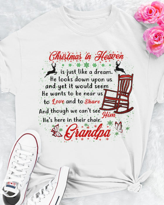 Personalized Memorial T-Shirt For Angel Grandpa Christmas In Heaven Print Chair Butterfly And Reindeer Custom Nickname