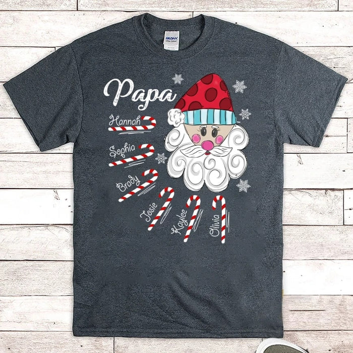 Personalized T-shirt For Grandpa Papa Santa Claus With Candy Cane Printed Christmas Design Custom Grandkids Name