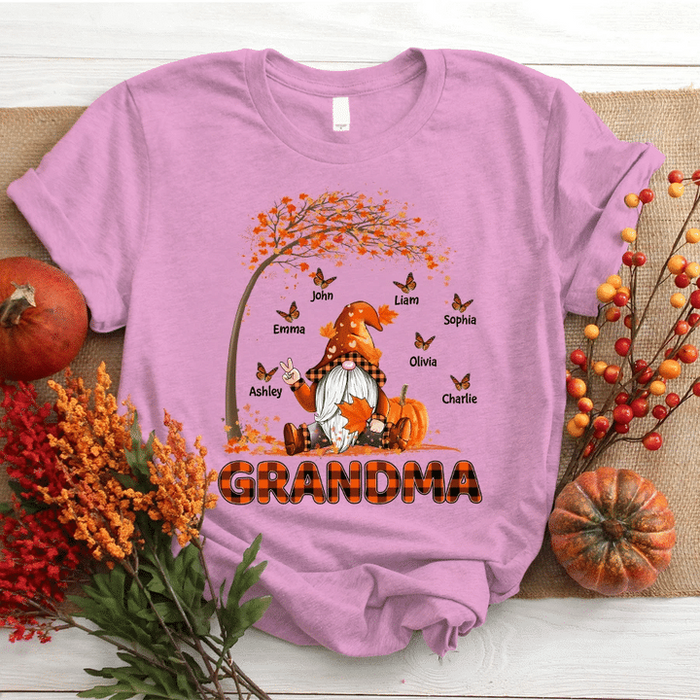 Personalized T-Shirt For Grandma Cute Gnome With Maple Tree Pumpkin Butterfly Printed Custom Grandkids Name Fall Shirt