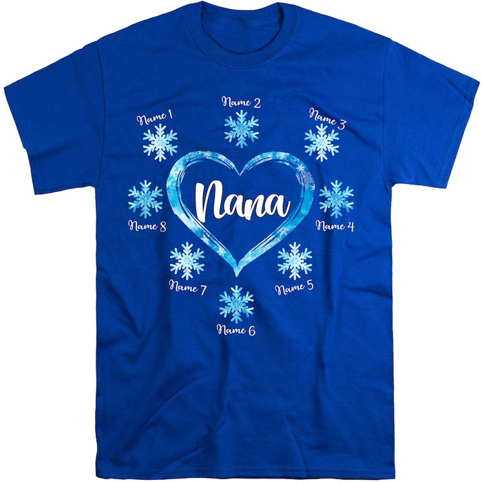 Personalized T-Shirt For Grandma Nana Heart & Snowflake Printed Custom Grandkids Name Shirt For Grandpa Mom Dad