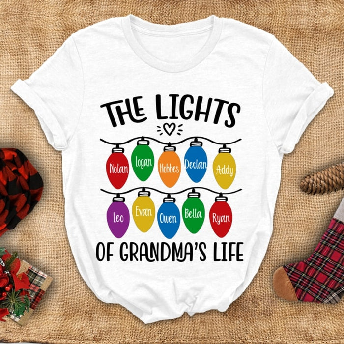 Personalized Christmas T-Shirt For Grandma The Lights Of Grandma's Lights Colorful Design Custom Grandkids Name