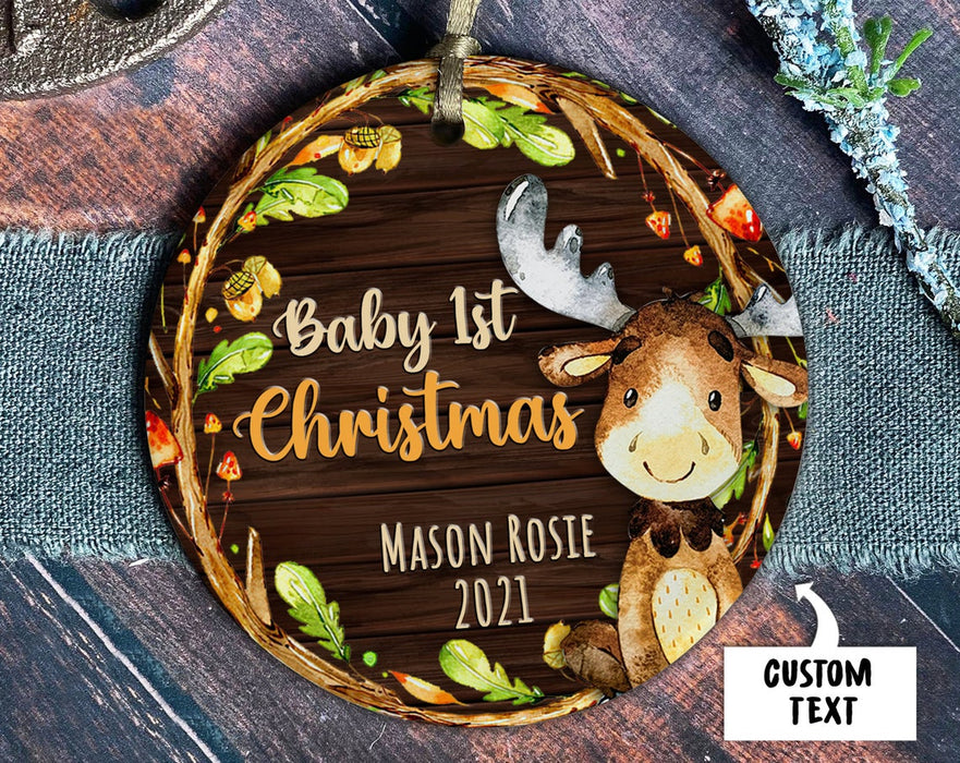 Personalized Ornament Baby 1st Christmas Custom Name & Year Botanical Wreath & Cute Reindeer Printed Circle Ornament
