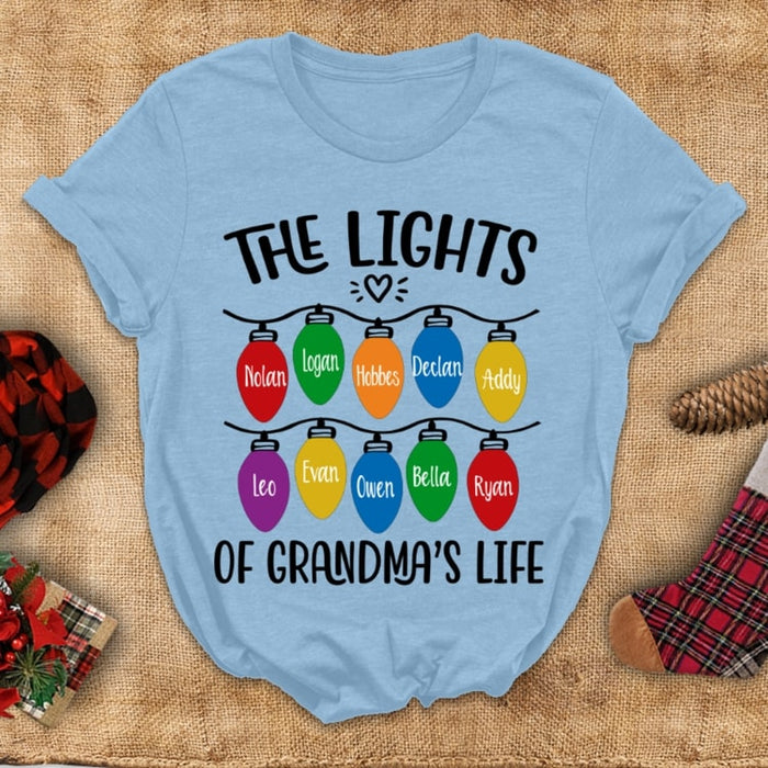 Personalized Christmas T-Shirt For Grandma The Lights Of Grandma's Lights Colorful Design Custom Grandkids Name