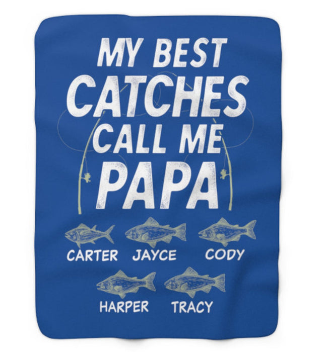 Personalized Fishing Fleece Blanket For Grandpa Fisherman Catches Call Me Papa Custom Nickname & Grandkids Name