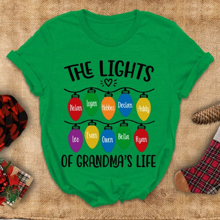 Personalized Christmas T-Shirt For Grandma The Lights Of Grandma's Lights Colorful Design Custom Grandkids Name