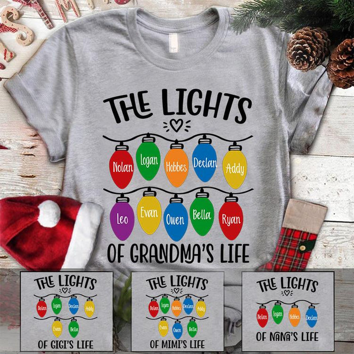 Personalized Christmas T-Shirt For Grandma The Lights Of Grandma's Lights Colorful Design Custom Grandkids Name