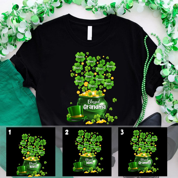 Personalized T-Shirt Blessed Grandma Pot Of Shamrocks And Coin Printed Custom Grandkids Name