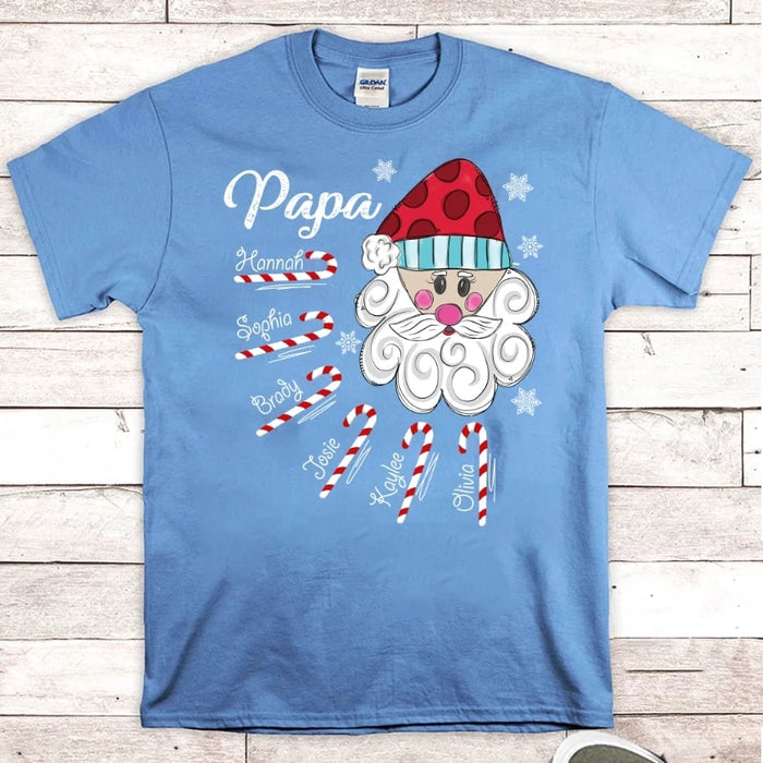 Personalized T-shirt For Grandpa Papa Santa Claus With Candy Cane Printed Christmas Design Custom Grandkids Name